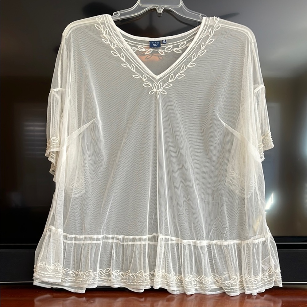 Kaari Blue Curvy Women’s Sheer Embroidered Blouse Plus Size 2X